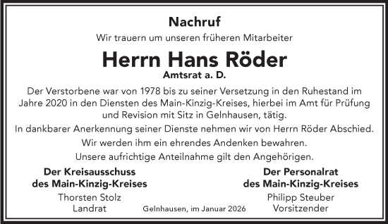 Traueranzeige von Hans Röder von Mittelhessen-Bote