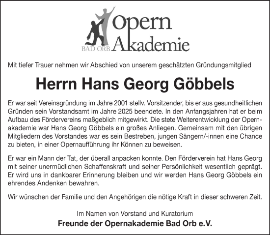Traueranzeige von Hans Georg Göbbels von Gelnhäuser Neue Zeitung