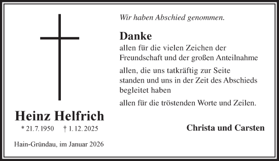 Traueranzeige von Heinz Helfrich von Mittelhessen-Bote