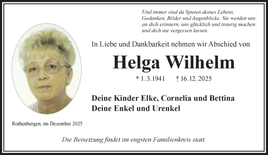 Traueranzeige von Helga Wilhelm von Mittelhessen-Bote
