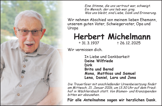 Traueranzeige von Herbert Michelmann von Gelnhäuser Neue Zeitung