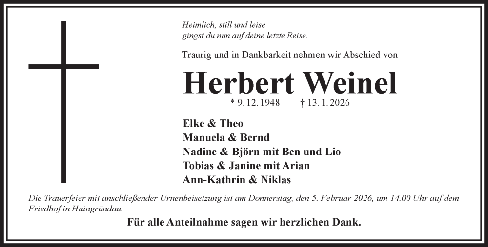  Traueranzeige für Herbert Weinel vom 24.01.2026 aus Gelnhäuser Neue Zeitung