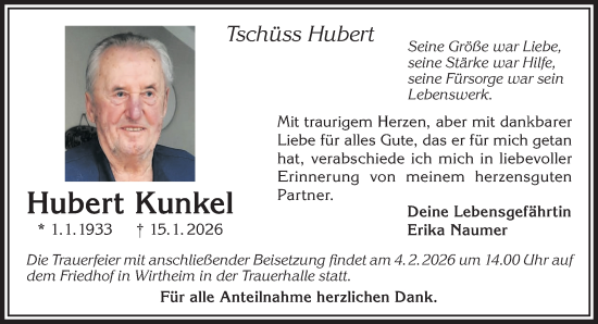 Traueranzeige von Hubert Kunkel von Gelnhäuser Neue Zeitung