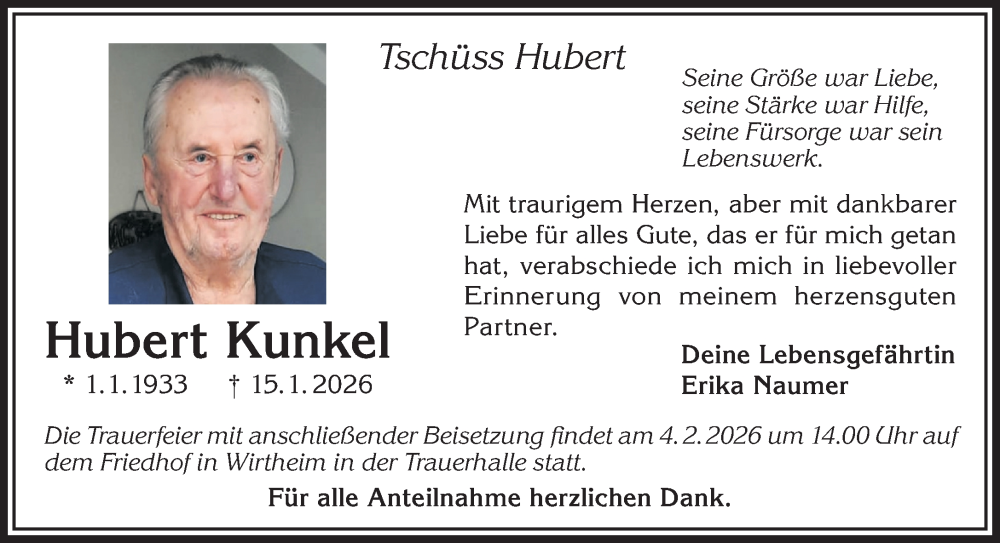  Traueranzeige für Hubert Kunkel vom 31.01.2026 aus Mittelhessen-Bote