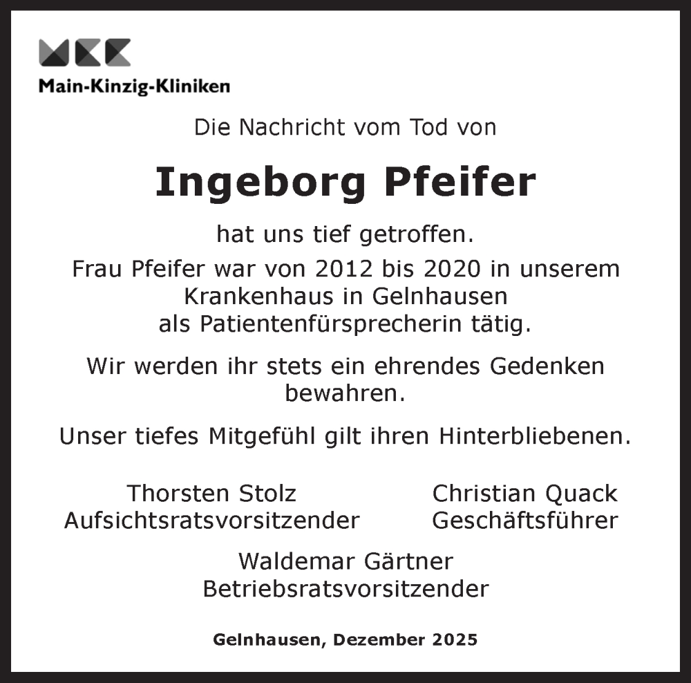  Traueranzeige für Ingeborg Pfeifer vom 03.01.2026 aus Gelnhäuser Neue Zeitung