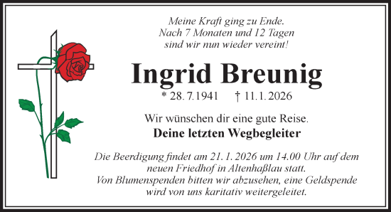 Traueranzeige von Ingrid Breunig von Gelnhäuser Neue Zeitung
