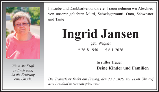 Traueranzeige von Ingrid Jansen von Gelnhäuser Neue Zeitung