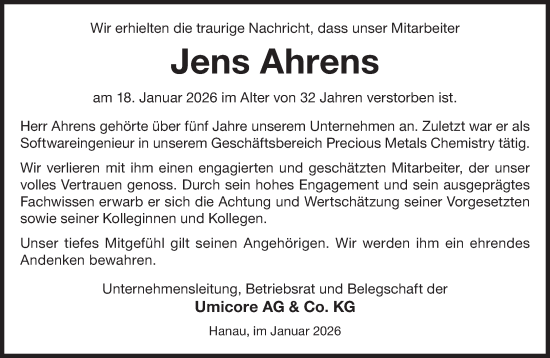 Traueranzeige von Jens Ahrens von Gelnhäuser Neue Zeitung
