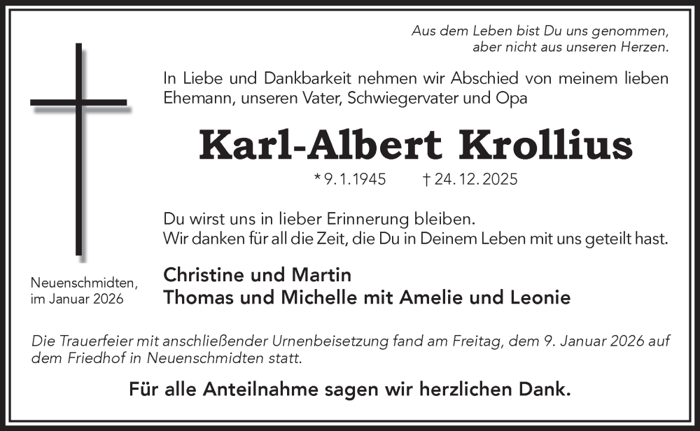  Traueranzeige für Karl-Albert Krollius vom 10.01.2026 aus Mittelhessen-Bote