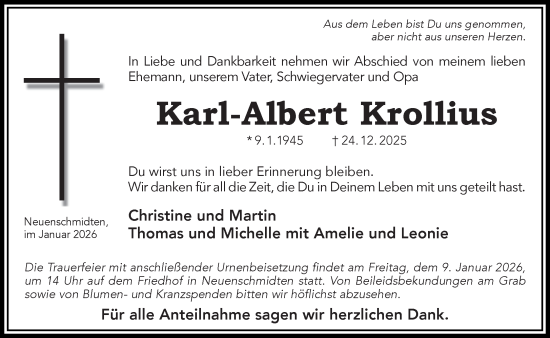Traueranzeige von Karl-Albert Krollius von Gelnhäuser Neue Zeitung