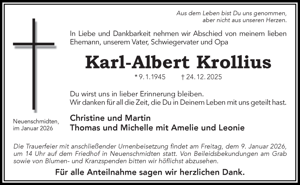  Traueranzeige für Karl-Albert Krollius vom 03.01.2026 aus Gelnhäuser Neue Zeitung