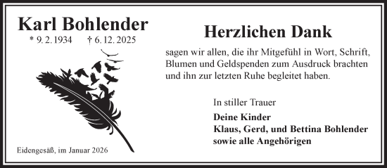 Traueranzeige von Karl Bohlender von Gelnhäuser Neue Zeitung