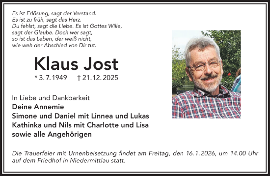 Traueranzeige von Klaus Jost von Mittelhessen-Bote