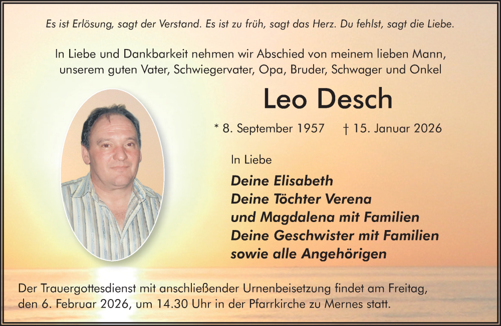  Traueranzeige für Leo Desch vom 31.01.2026 aus Gelnhäuser Neue Zeitung