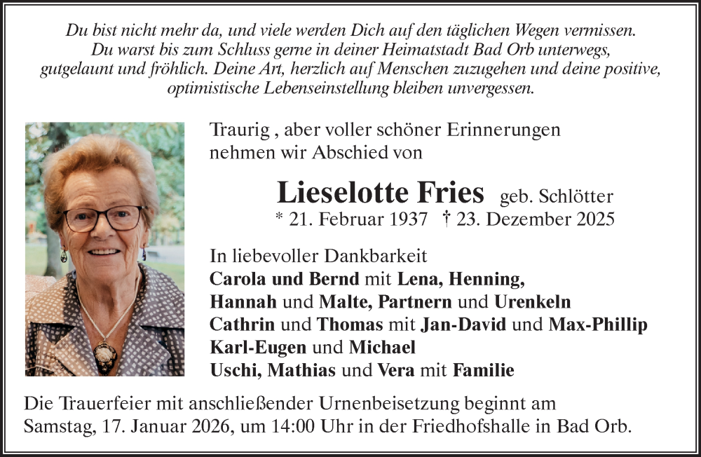  Traueranzeige für Lieselotte Fries vom 10.01.2026 aus Mittelhessen-Bote