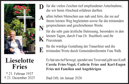 Traueranzeige von Lieselotte Fries von Gelnhäuser Neue Zeitung