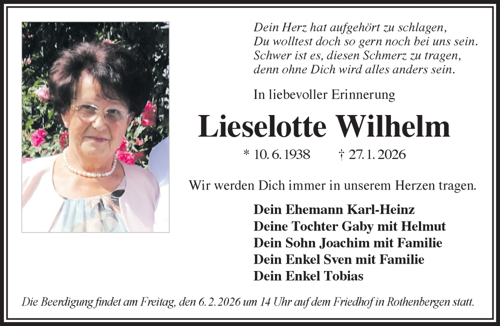  Traueranzeige für Lieselotte Wilhelm vom 31.01.2026 aus Gelnhäuser Neue Zeitung