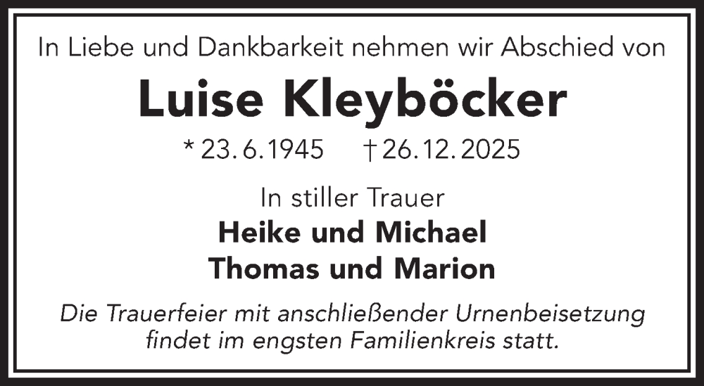  Traueranzeige für Luise Kleyböcker vom 10.01.2026 aus Gelnhäuser Neue Zeitung