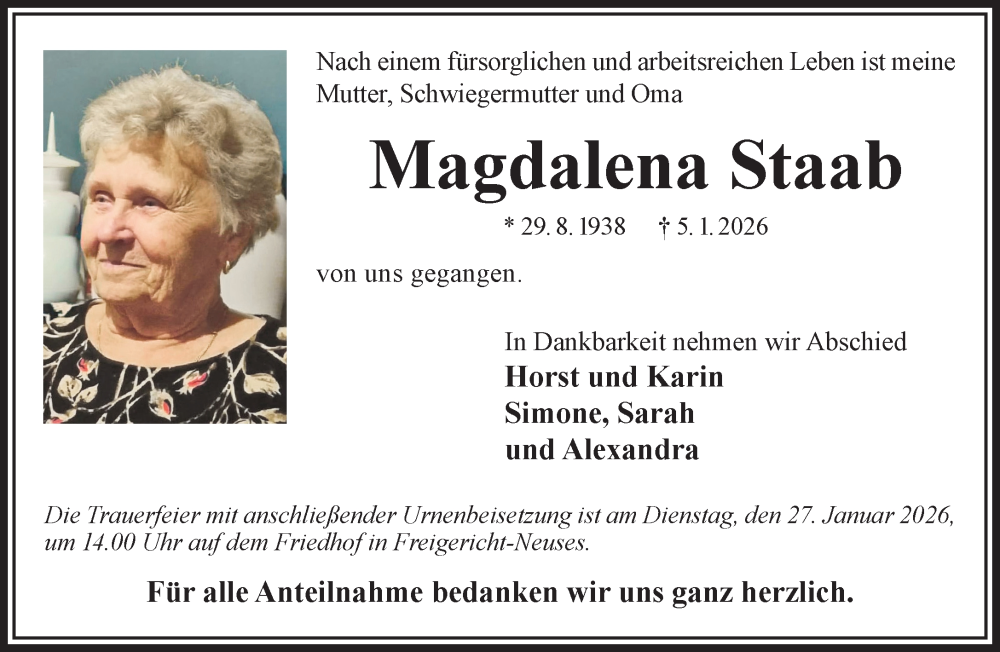  Traueranzeige für Magdalena Staab vom 17.01.2026 aus Mittelhessen-Bote