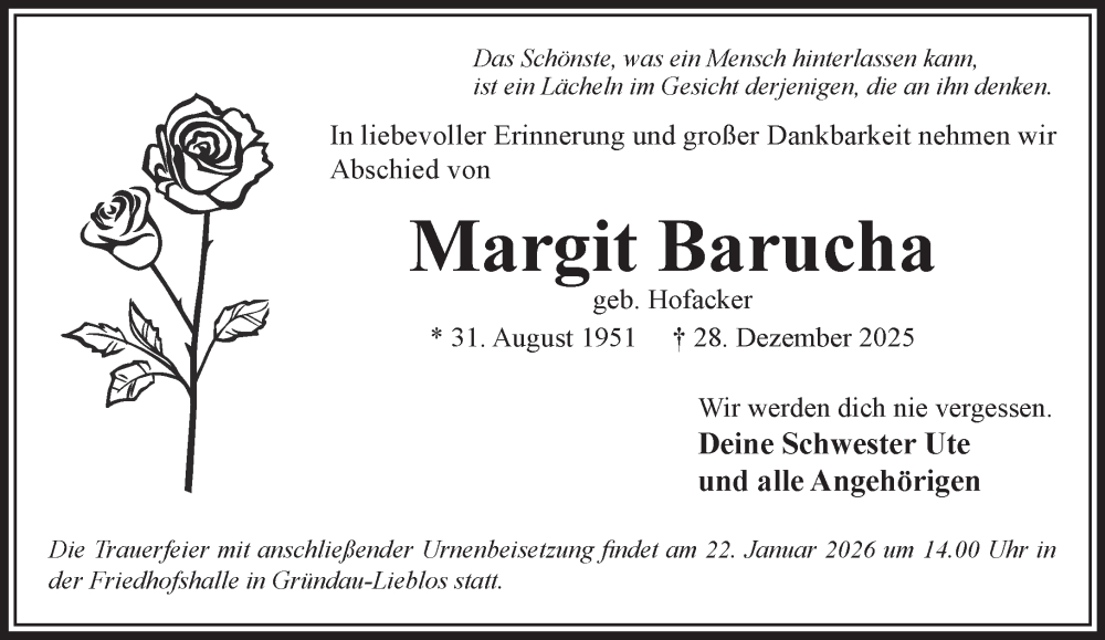 Traueranzeige für Margit Barucha vom 17.01.2026 aus Gelnhäuser Neue Zeitung