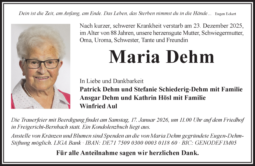  Traueranzeige für Maria Dehm vom 10.01.2026 aus Mittelhessen-Bote