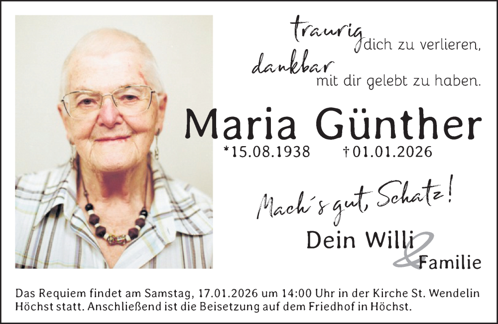  Traueranzeige für Maria Günther vom 10.01.2026 aus Gelnhäuser Neue Zeitung