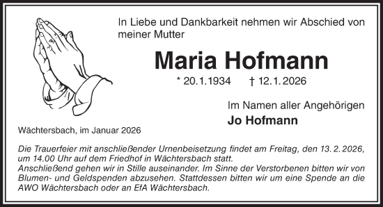 Traueranzeige von Maria Hofmann von Mittelhessen-Bote