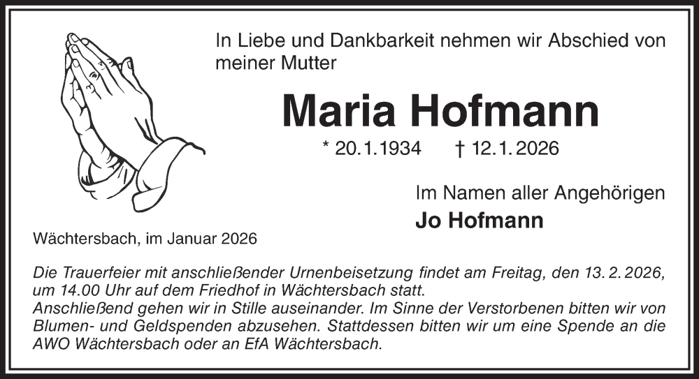  Traueranzeige für Maria Hofmann vom 31.01.2026 aus Mittelhessen-Bote