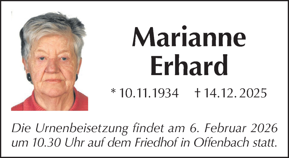  Traueranzeige für Marianne Erhard vom 31.01.2026 aus Gelnhäuser Neue Zeitung