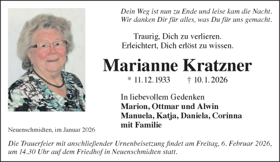 Traueranzeige von Marianne Kratzner von Gelnhäuser Neue Zeitung