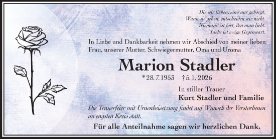 Traueranzeige von Marion Stadler von Gelnhäuser Neue Zeitung