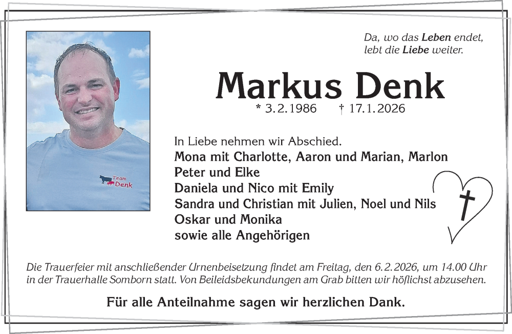  Traueranzeige für Markus Denk vom 24.01.2026 aus Gelnhäuser Neue Zeitung