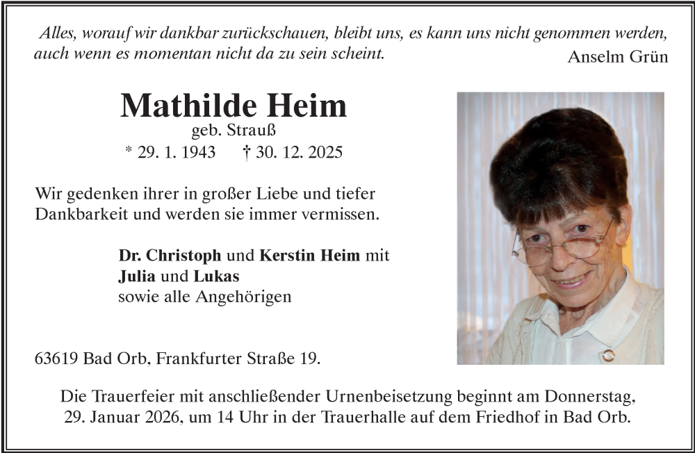  Traueranzeige für Mathilde Heim vom 24.01.2026 aus Gelnhäuser Neue Zeitung