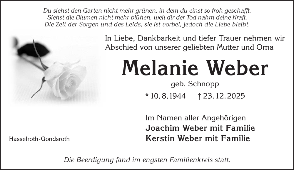  Traueranzeige für Melanie Weber vom 10.01.2026 aus Mittelhessen-Bote