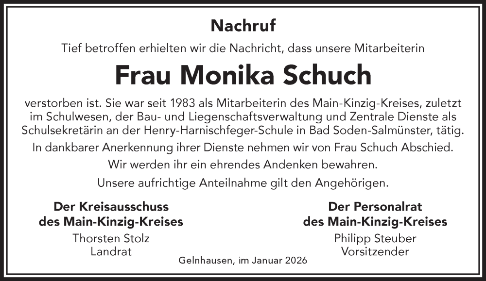  Traueranzeige für Monika Schuch vom 17.01.2026 aus Mittelhessen-Bote
