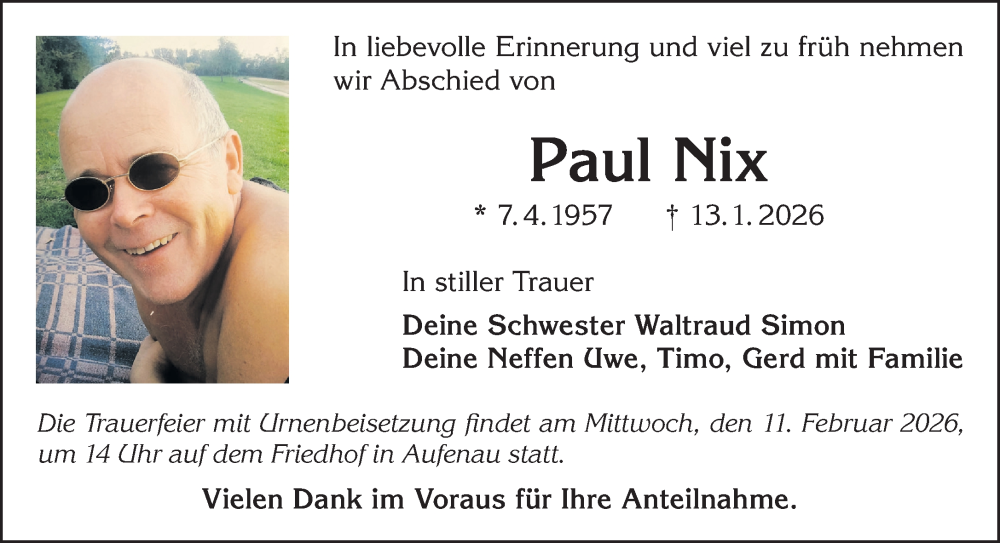  Traueranzeige für Paul Nix vom 31.01.2026 aus Mittelhessen-Bote