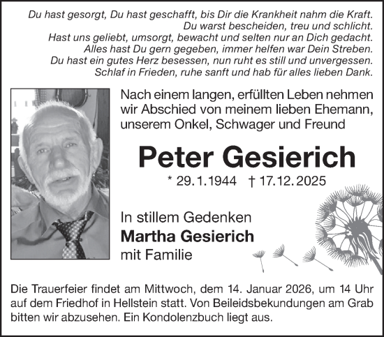 Traueranzeige von Peter Gesierich von Mittelhessen-Bote