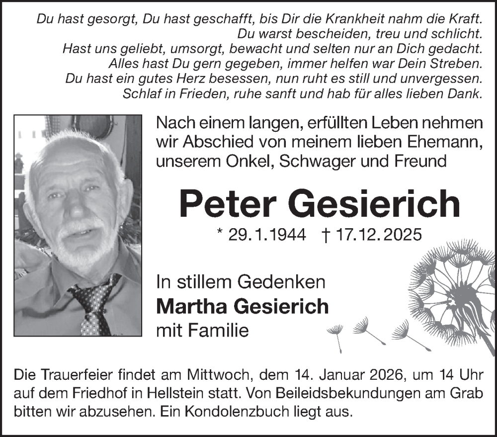  Traueranzeige für Peter Gesierich vom 03.01.2026 aus Mittelhessen-Bote