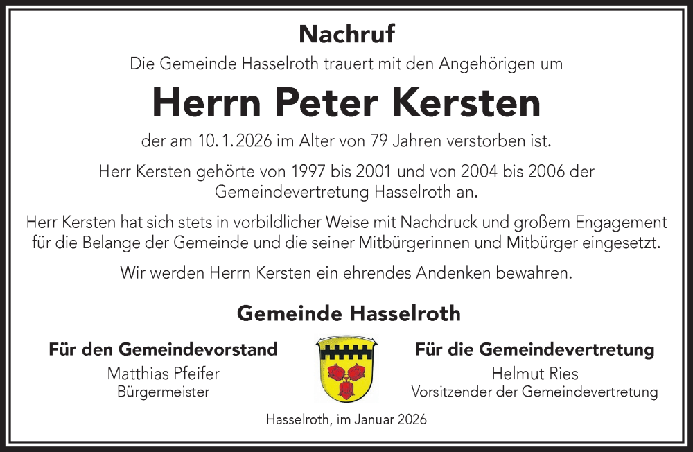 Traueranzeige für Peter Kersten vom 31.01.2026 aus Gelnhäuser Neue Zeitung