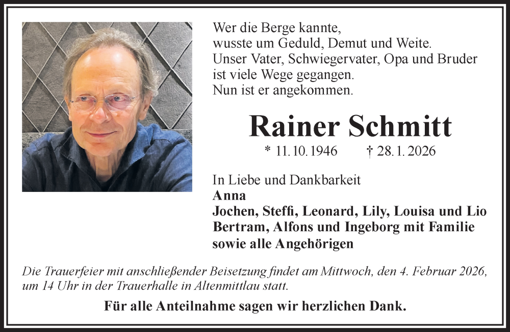  Traueranzeige für Rainer Schmitt vom 31.01.2026 aus Gelnhäuser Neue Zeitung