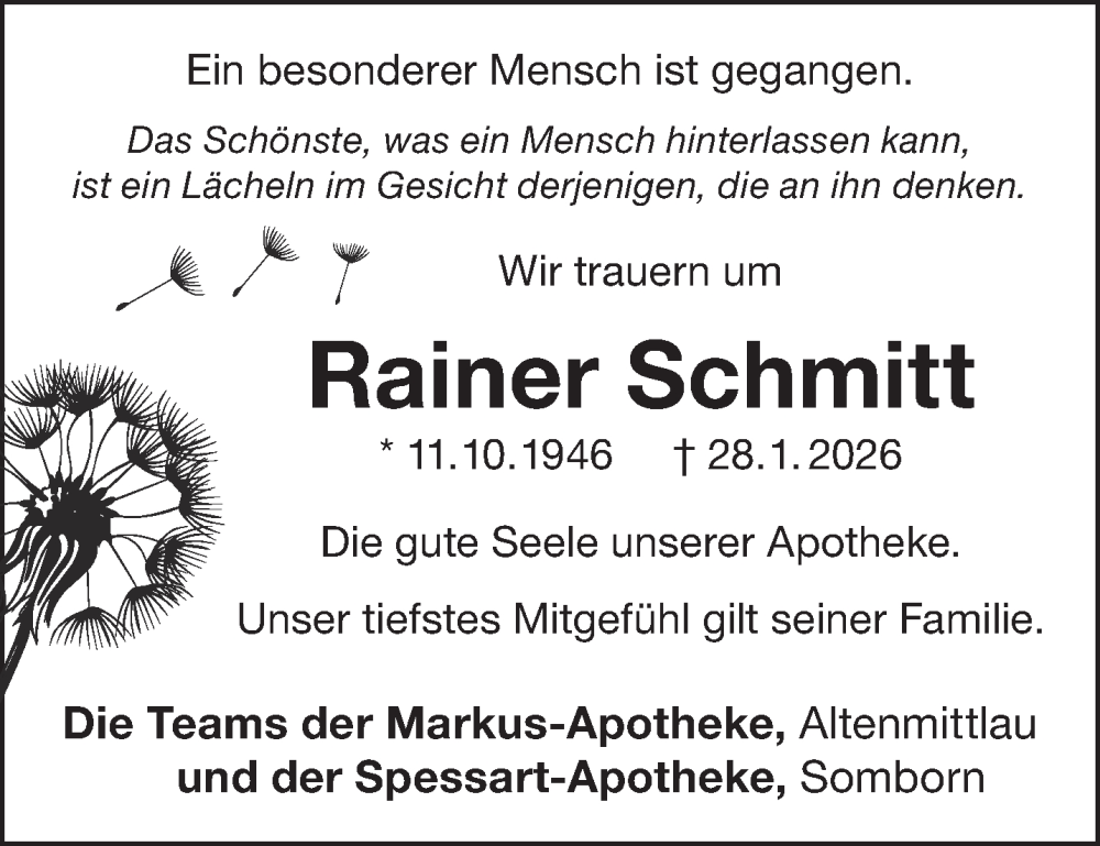  Traueranzeige für Rainer Schmitt vom 31.01.2026 aus Gelnhäuser Neue Zeitung
