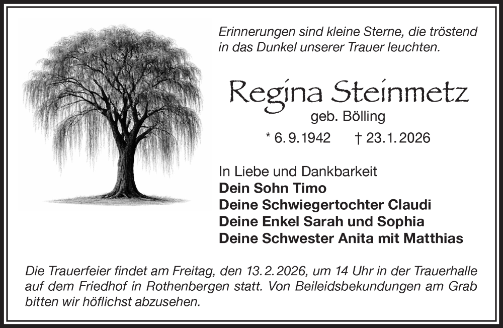  Traueranzeige für Regina Steinmetz vom 31.01.2026 aus Gelnhäuser Neue Zeitung