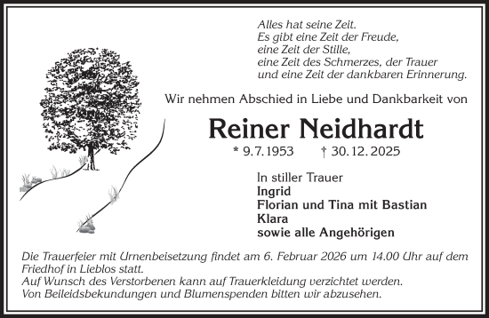 Traueranzeige von Reiner Neidhardt von Gelnhäuser Neue Zeitung