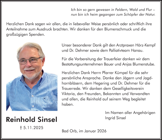 Traueranzeige von Reinhold Sinsel von Gelnhäuser Neue Zeitung