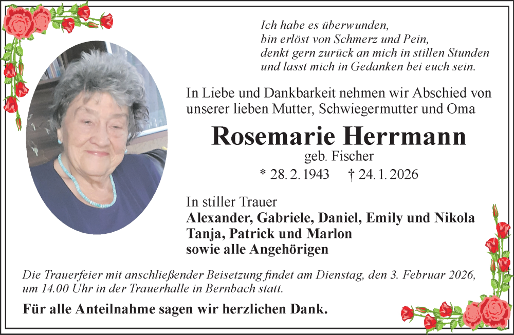  Traueranzeige für Rosemarie Herrmann vom 31.01.2026 aus Gelnhäuser Neue Zeitung