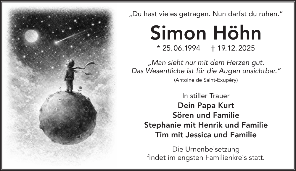  Traueranzeige für Simon Höhn vom 10.01.2026 aus Mittelhessen-Bote