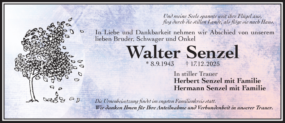  Traueranzeige für Walter Senzel vom 10.01.2026 aus Mittelhessen-Bote