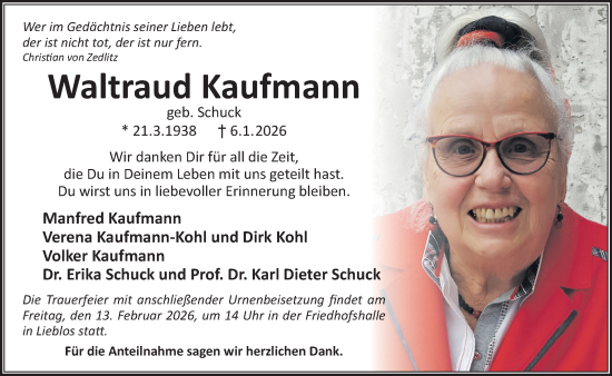 Traueranzeige von Waltraud Kaufmann von Gelnhäuser Neue Zeitung