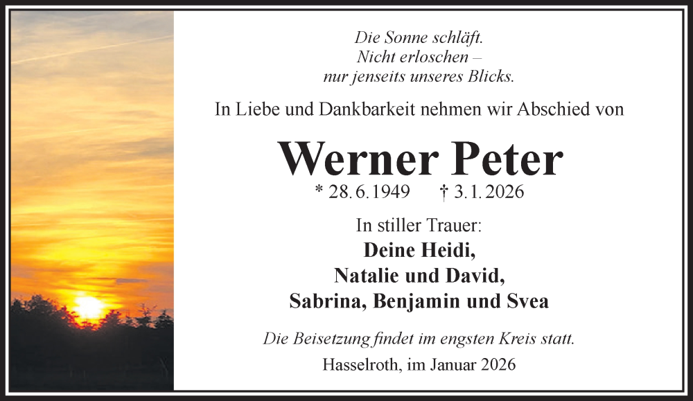 Traueranzeige für Werner Peter vom 17.01.2026 aus Gelnhäuser Neue Zeitung