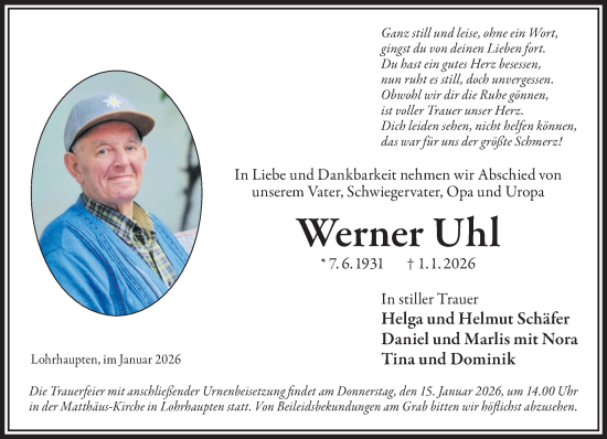 Traueranzeige von Werner Uhl von Gelnhäuser Neue Zeitung